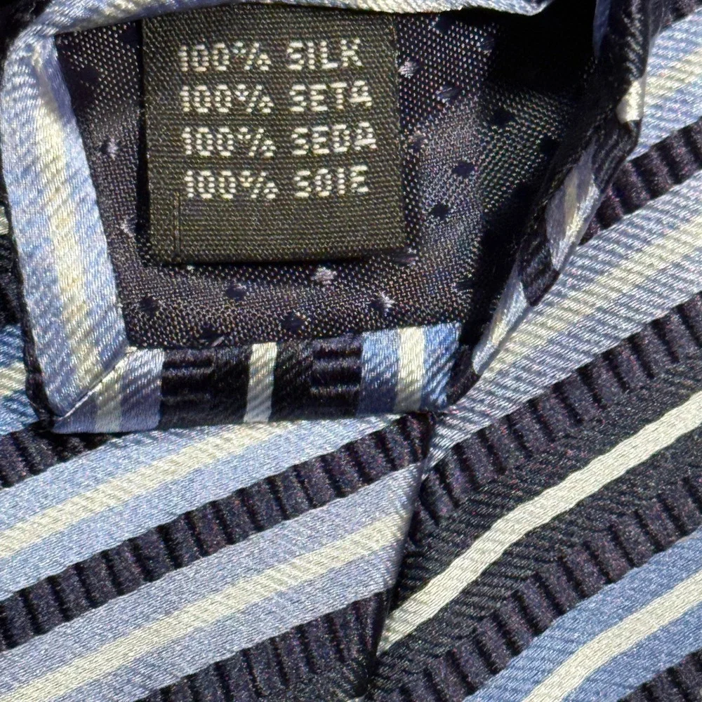 Vintage Yves Saint Laurent Pour Homme Silk Striped Necktie‎ Blue Silver Designer